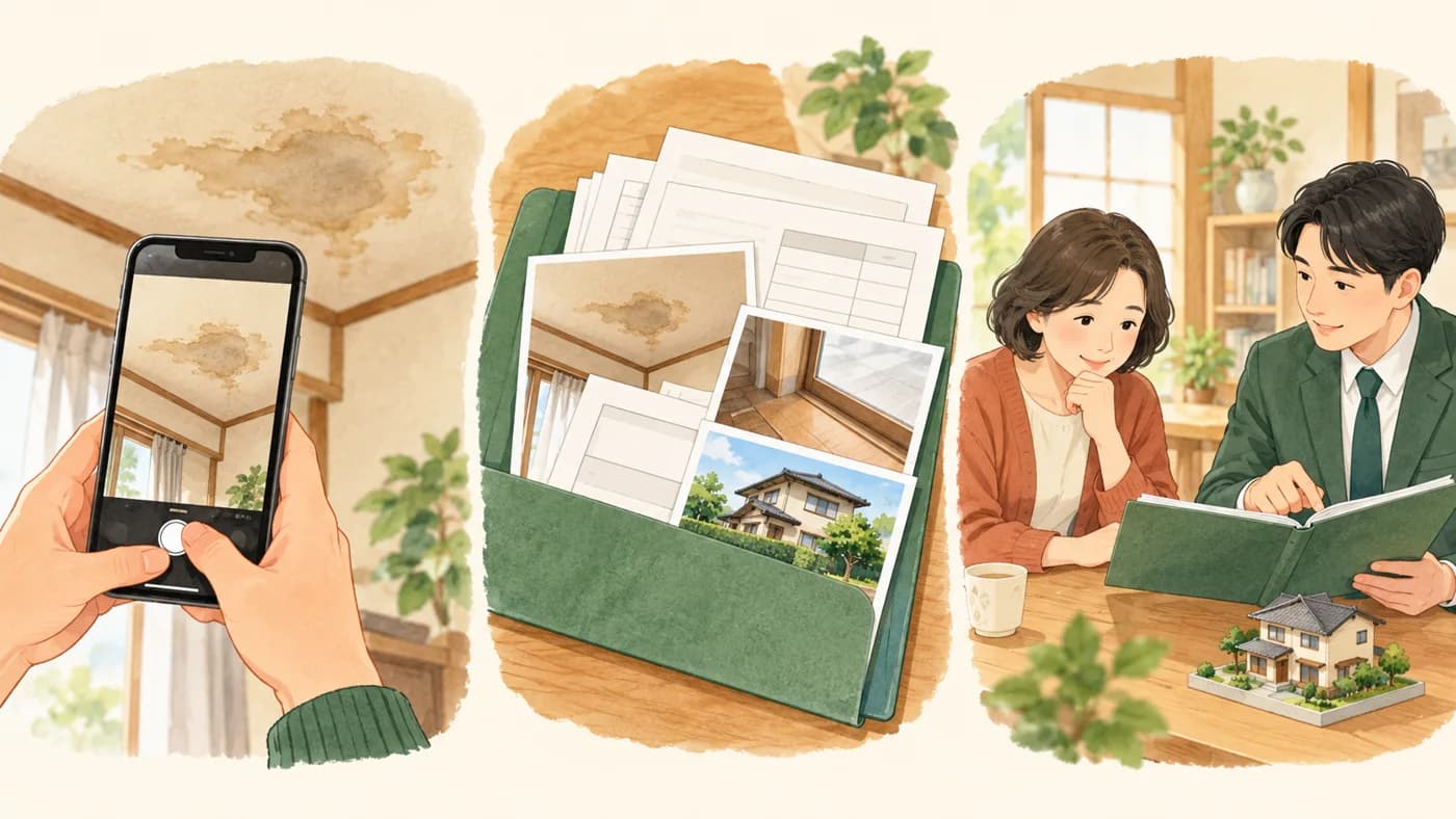 安全な場所から天井の染みを記録し、修理資料をまとめて相談する三つの場面