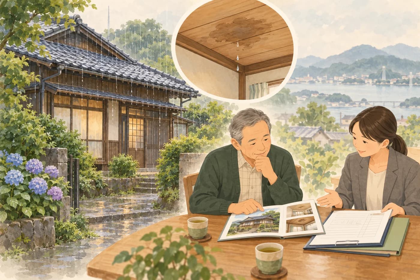 雨漏りのある古い家と、写真や修理履歴を見ながら売却について相談する人のイラスト