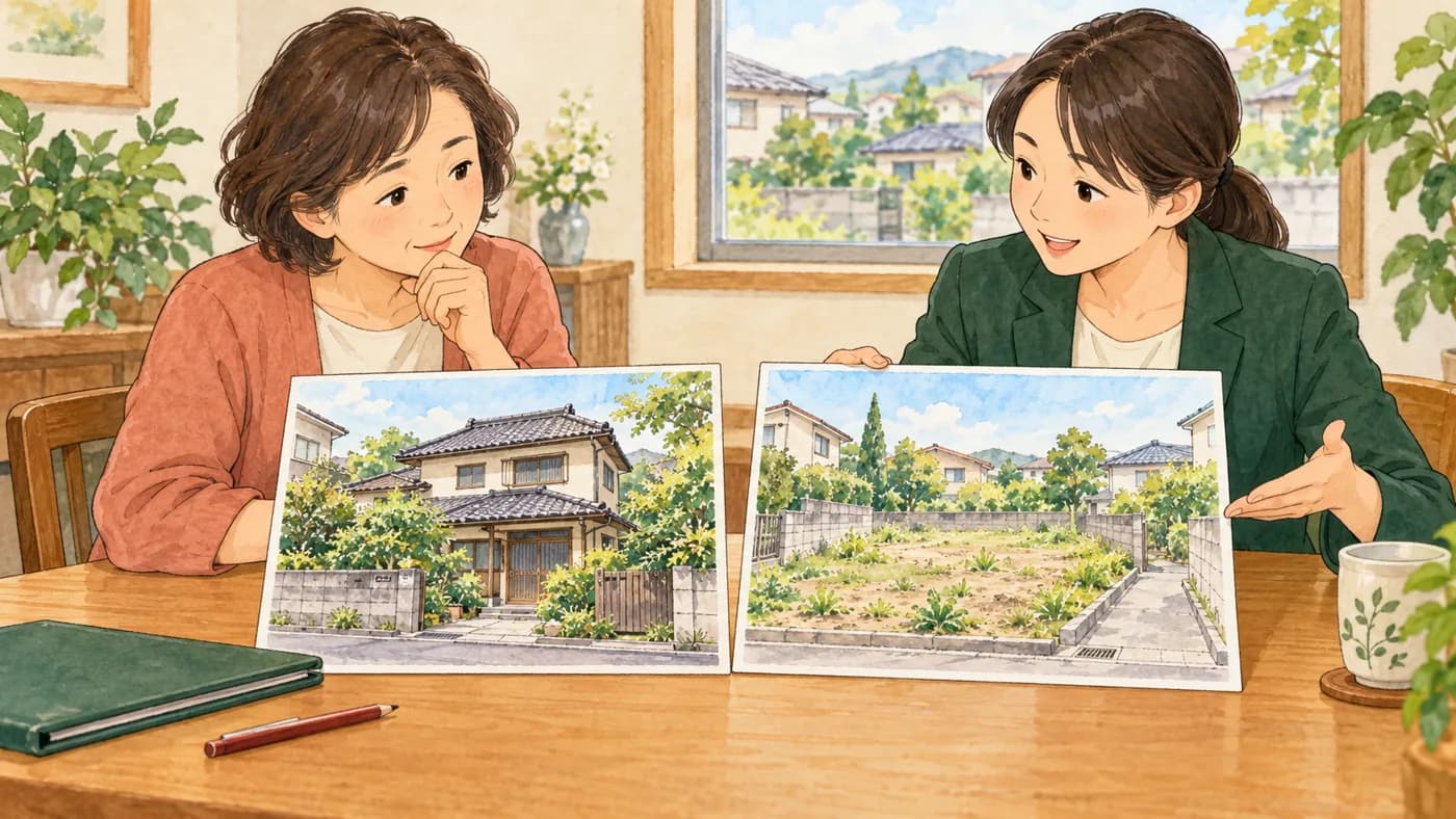 建物を残す場合と解体後の土地の使い方を、2枚の絵を見ながら比較する相談のイラスト