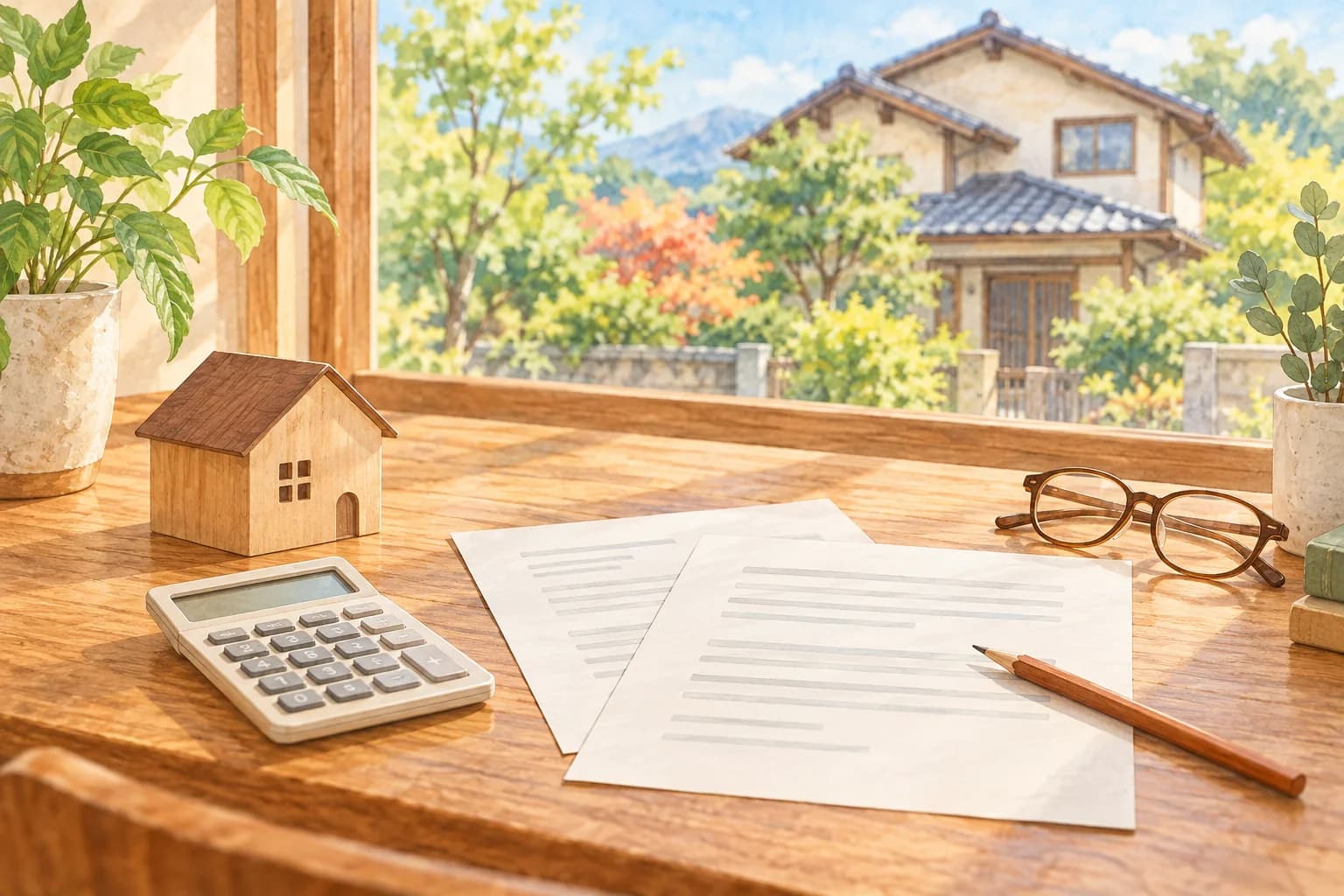 古い一戸建てを窓越しに望み、机に電卓と書類を置いて売却費用を整理するイラスト