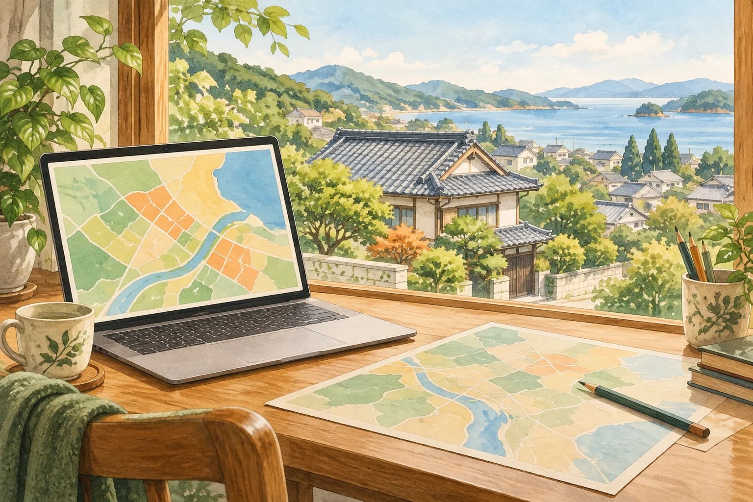窓の外に古い一戸建てが見え、机で地図を確認する場面のイラスト