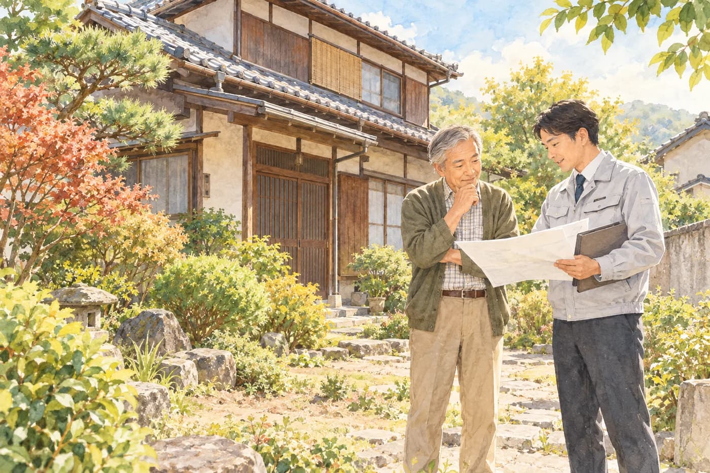 古い日本家屋の前で、所有者と相談相手が土地の資料を確認するイラスト