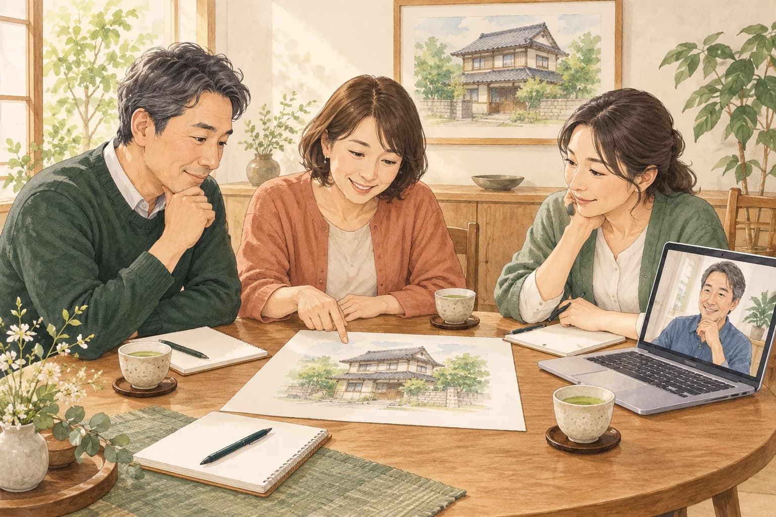 きょうだいが実家の絵とメモを囲み、離れて暮らす家族とも画面越しに話し合うイラスト