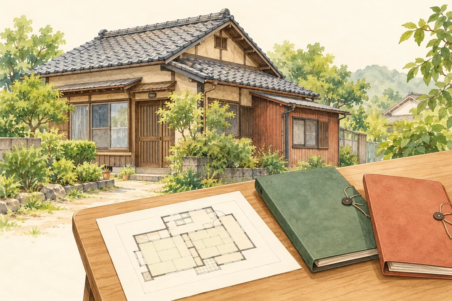 古い一戸建てと増築部分、手前に間取り図と二つの資料入れを描いたイラスト