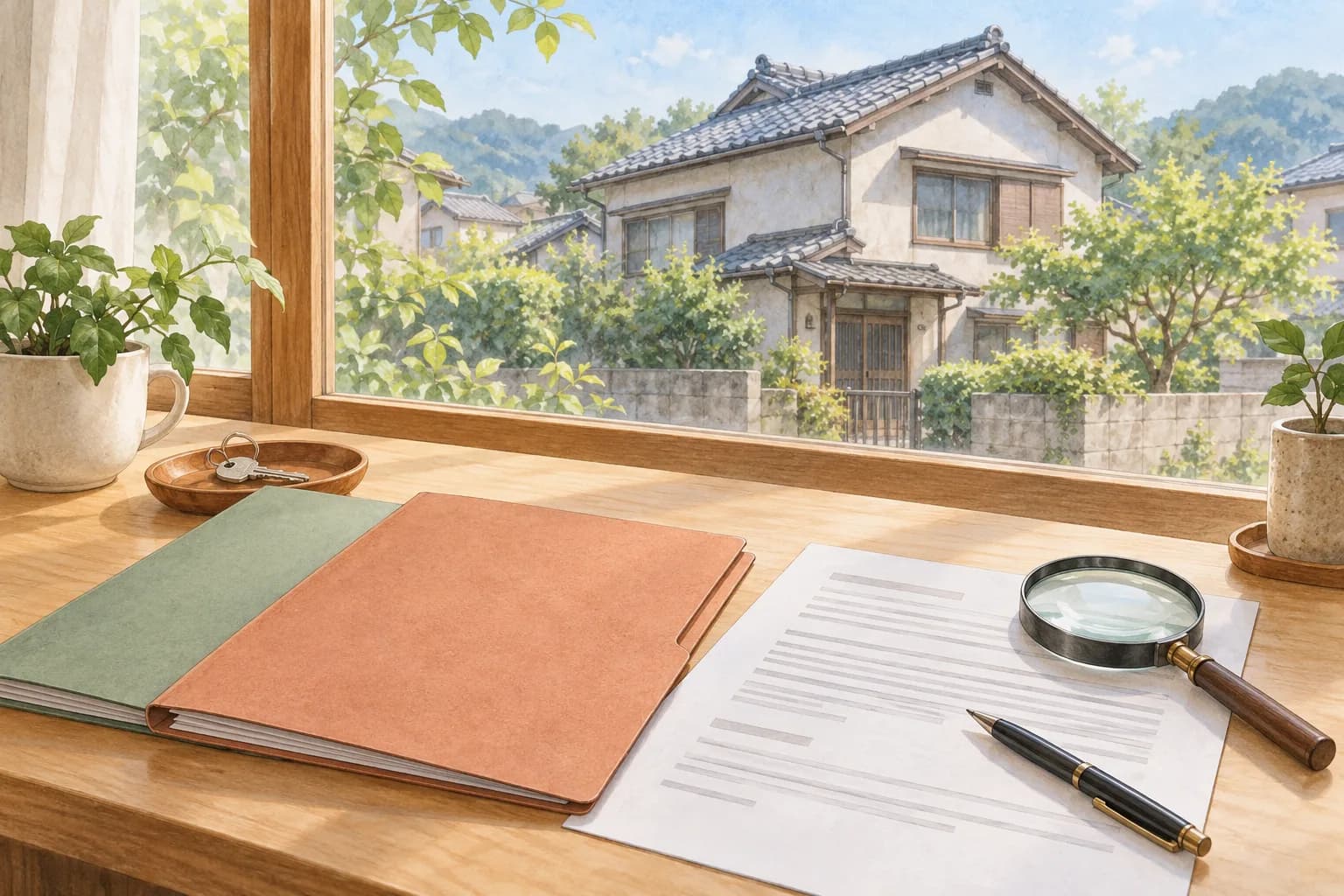 窓の向こうの古い一戸建てを見ながら、机の上で書類と二冊のファイルを整理するイラスト