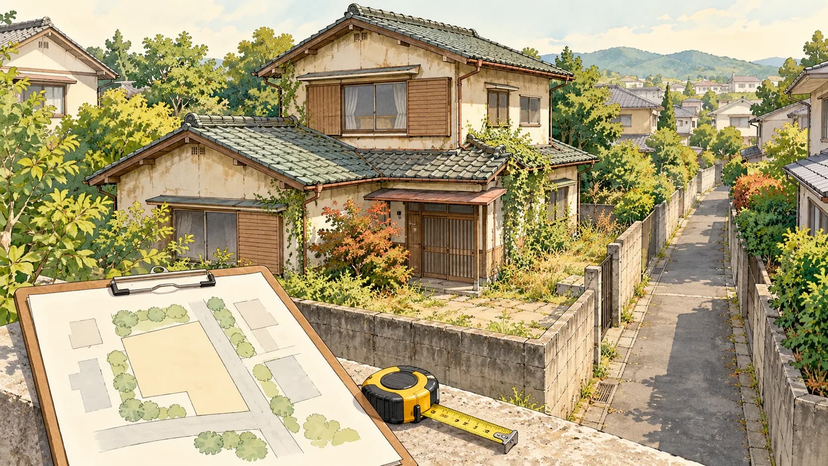 狭い道に面した古い家と、道路の確認に使う図面やメジャーのイメージ