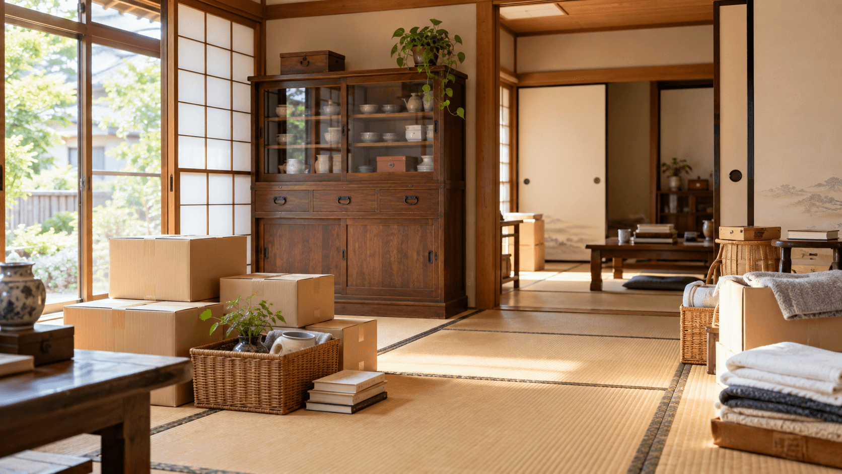 家具や段ボールが残る和室。片付け前の空き家を表したイメージ