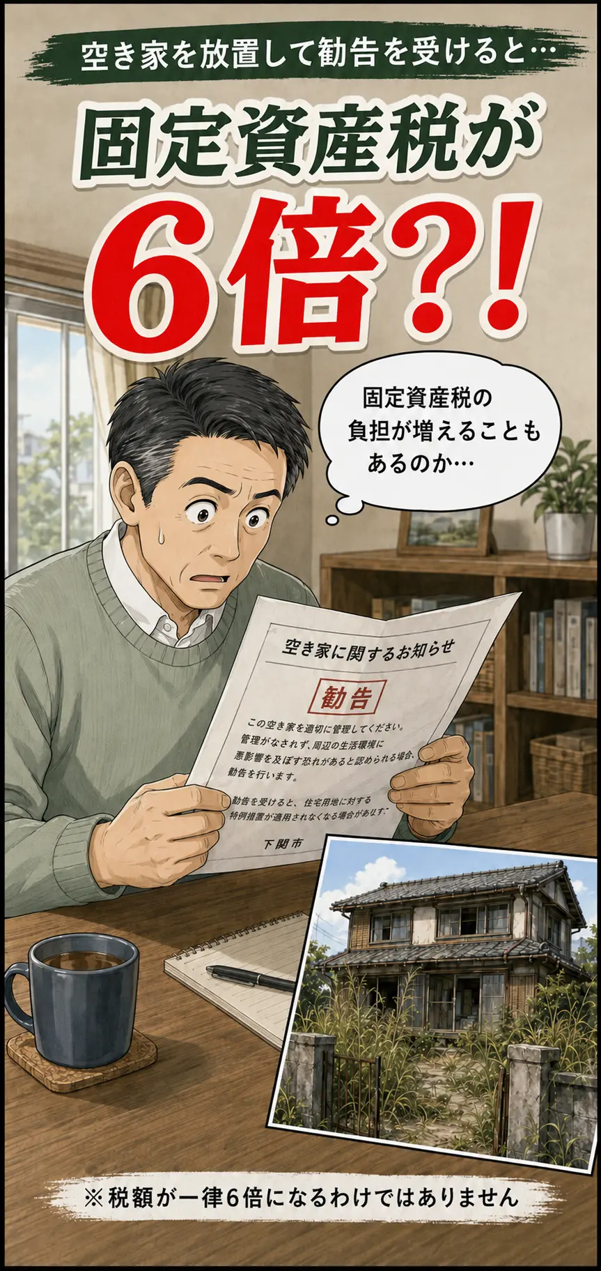 田中さんが空き家の勧告通知を読んで驚き、固定資産税が6倍になる可能性を赤い大文字で伝える漫画。一律6倍ではない旨の注記付き
