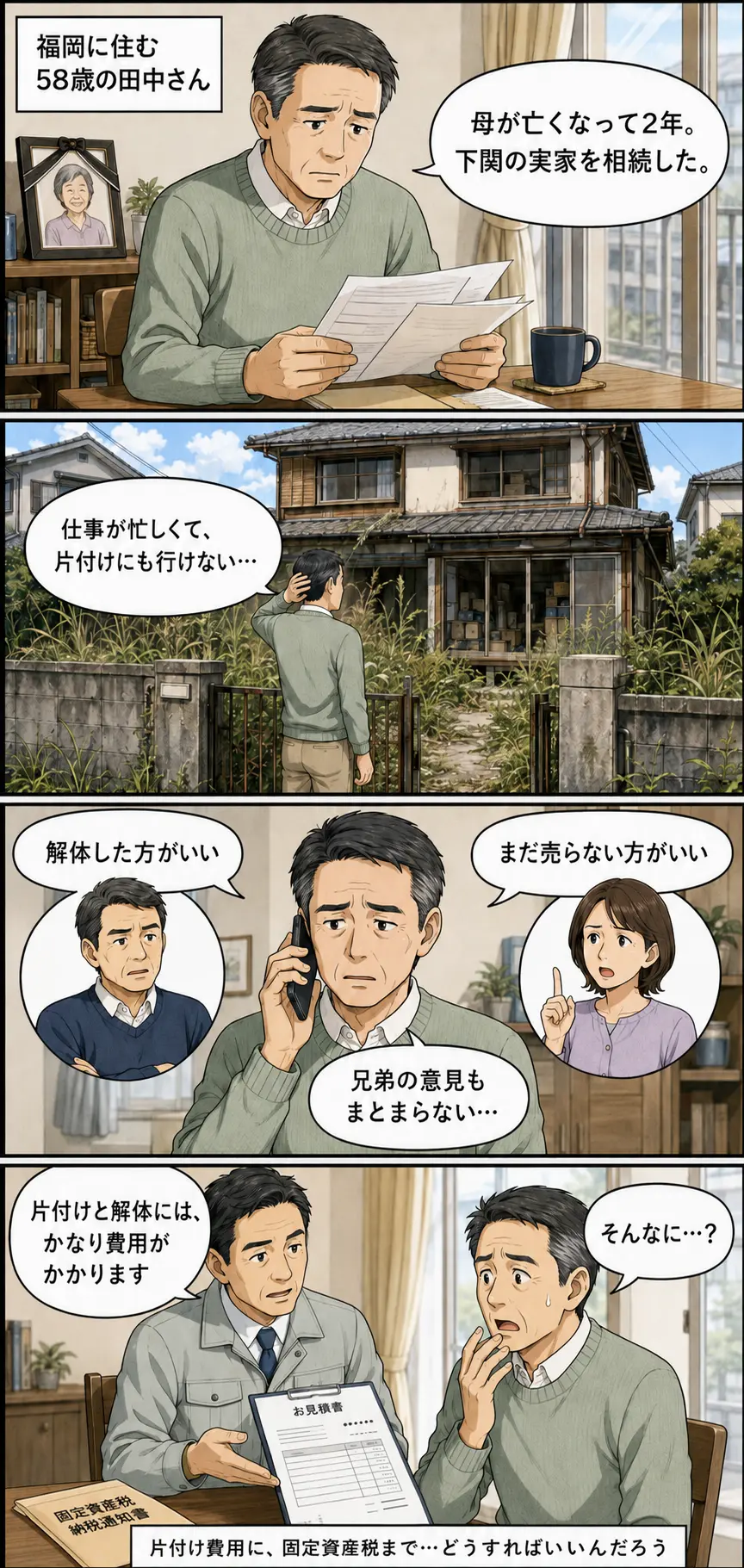 相続した下関の空き家について、草木の管理、きょうだいとの話し合い、片付け費用や固定資産税に悩む田中さんの漫画前編