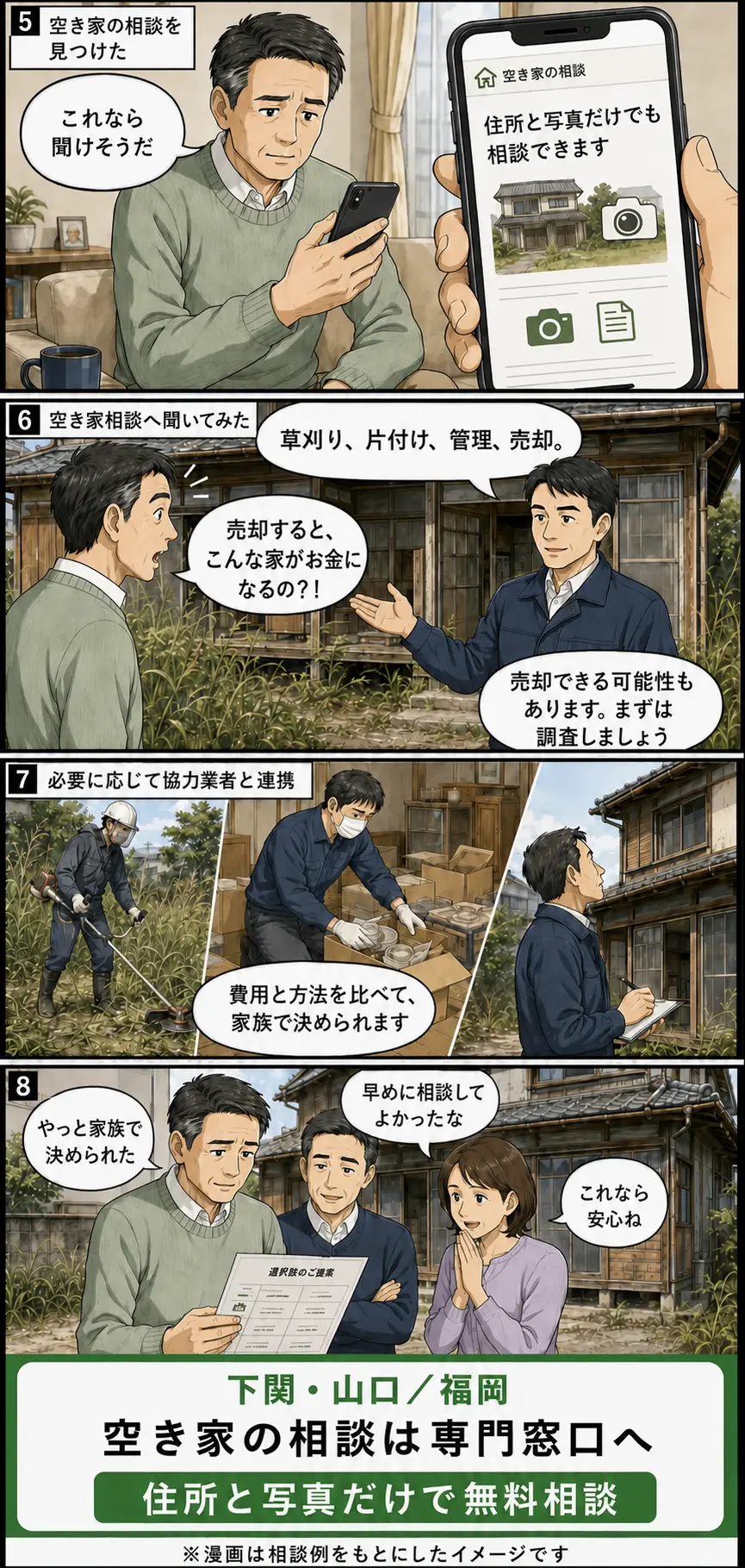 空き家相談をきっかけに売却の可能性を知り、片付けや草刈りを連携して解決する田中さんの漫画後編
