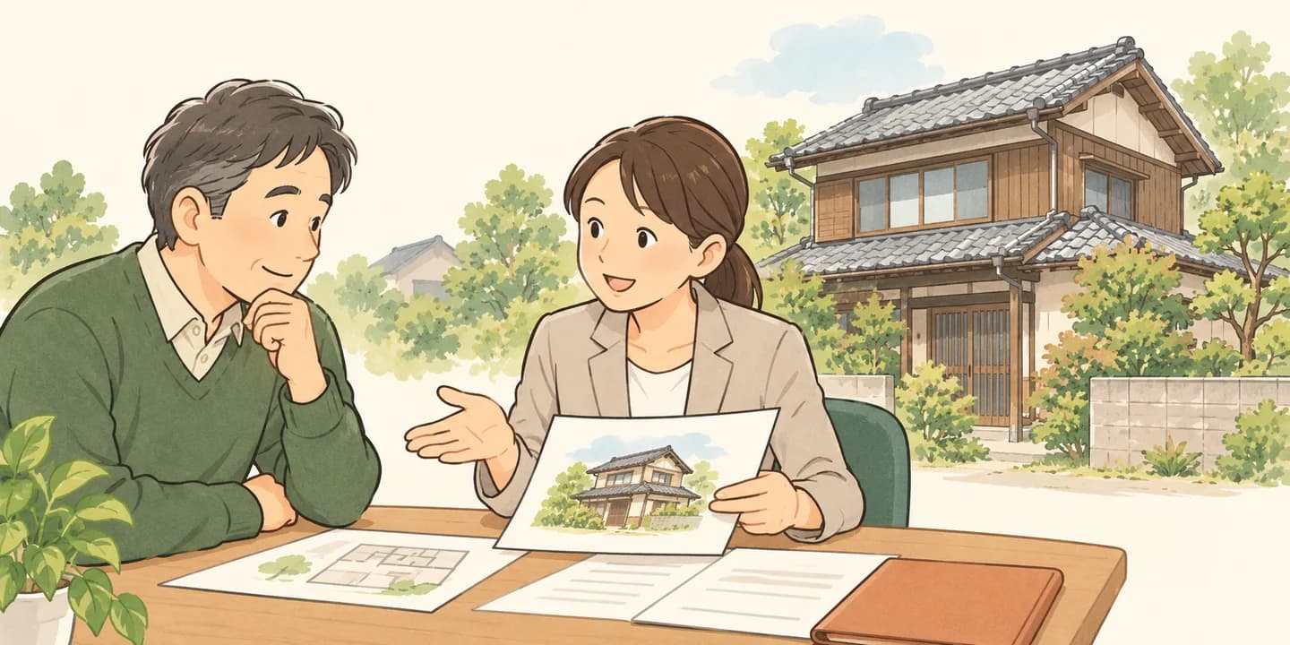 古い家の資料を広げ、相談員と解体前の確認事項を整理する所有者のイラスト