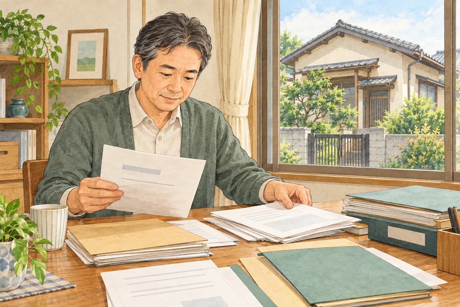 住まいの書類を整理する所有者と窓の外の一戸建て住宅のイラスト